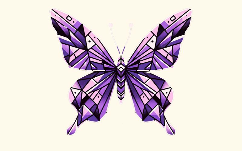 Um desenho de tatuagem de borboleta geométrica roxa.