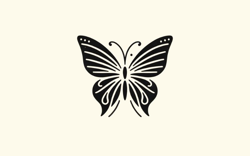 Un disegno di tatuaggio con farfalla nera in stile minimalista.  