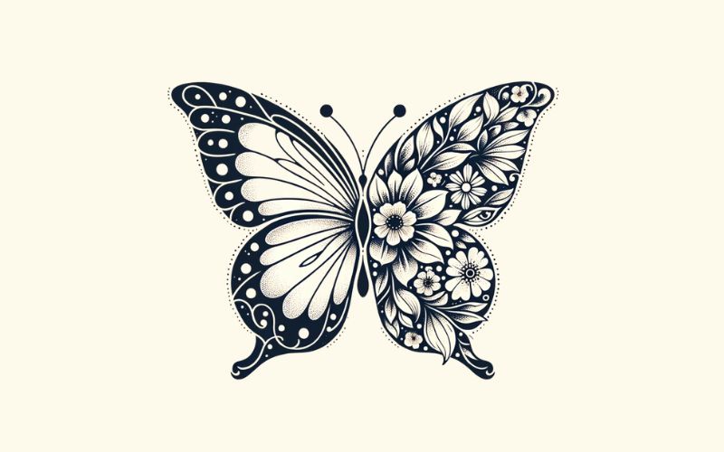 Un disegno minimalista di colore nero, metà farfalla e metà fiore.  