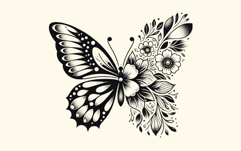 Un disegno di tatuaggio minimalista con ali a metà tra farfalla e fiore.  