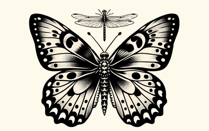 Um desenho de tatuagem de borboleta e libélula em preto.  