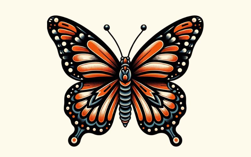 Un disegno del tatuaggio della farfalla Monarch in stile old school.