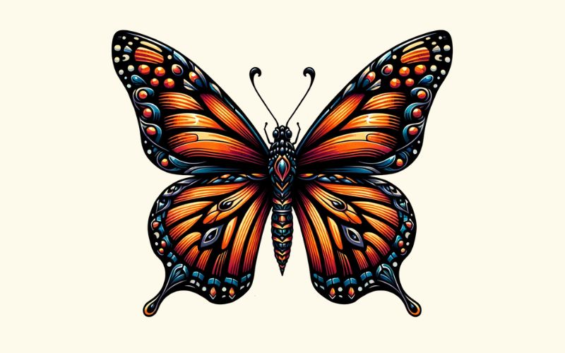 Une conception de tatouage de papillon monarque dans le style néo-traditionnel.