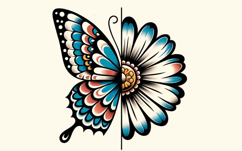 Un disegno di tatuaggio old school metà farfalla metà fiore.