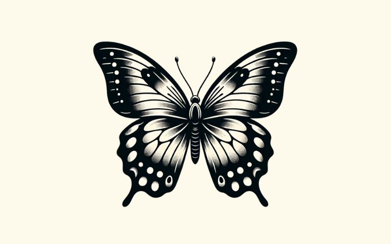 Un disegno del tatuaggio di una farfalla nera in stile realistico.  
