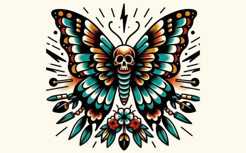 Um desenho de tatuagem de borboleta em estilo tradicional que significa morte.  