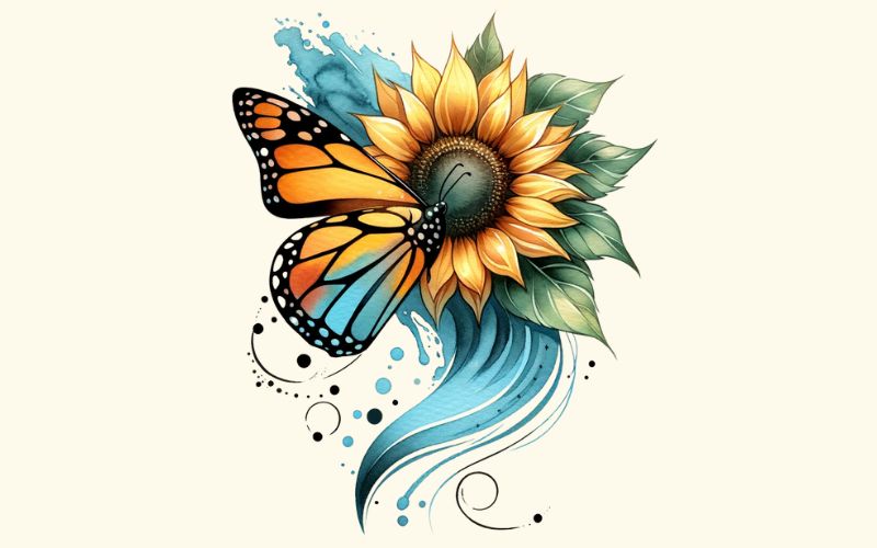 Un disegno di tatuaggio ad acquerello con metà farfalla e metà fiore.