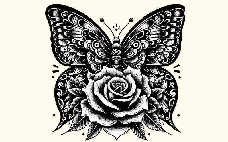 Un disegno del tatuaggio di una rosa a farfalla in stile blackwork.