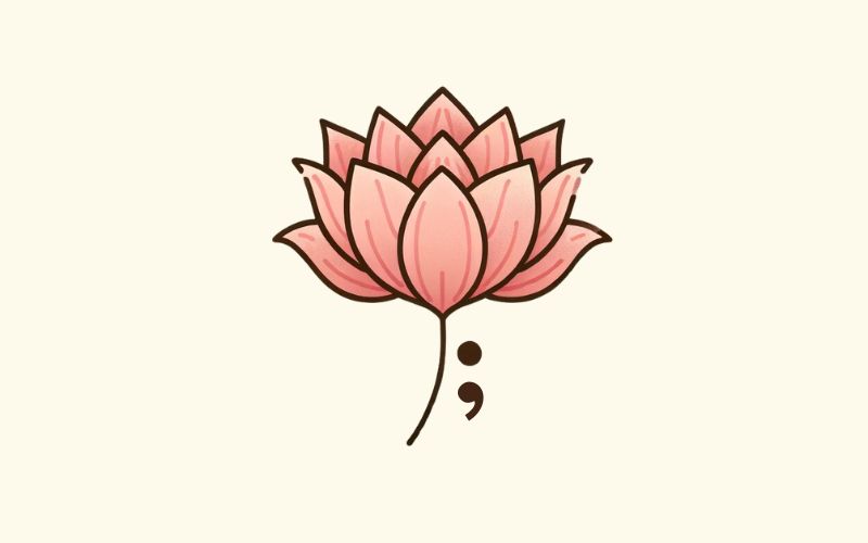 Un dessin de tatouage de style minimaliste de lotus rose en forme de point-virgule.  