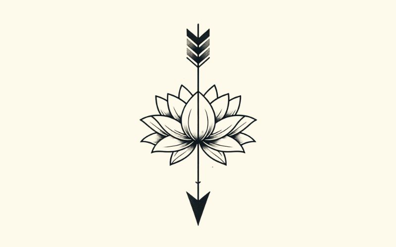 Um desenho de tatuagem de seta de lótus preta em estilo minimalista.  