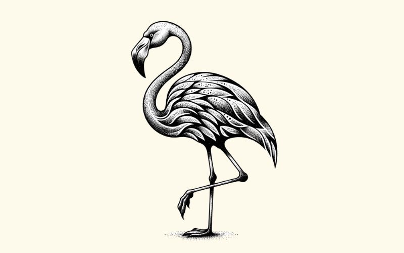 Ein Flamingo-Tattoo im Dotwork-Stil.