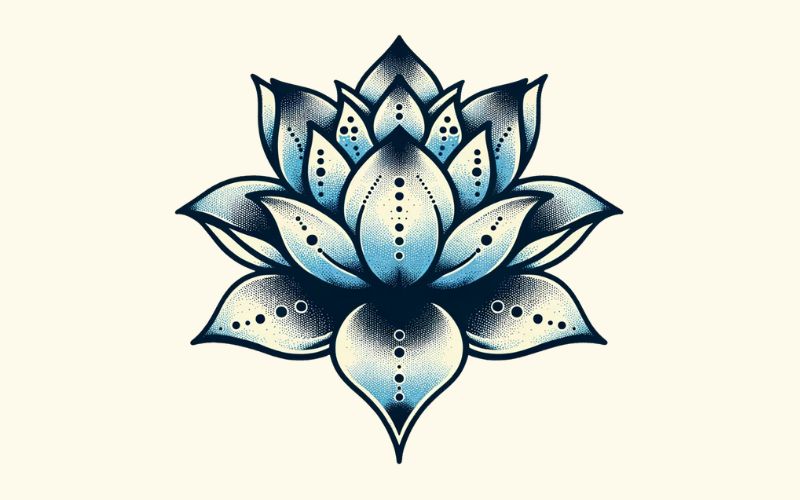 Un disegno del tatuaggio del loto blu in stile dotwork.  