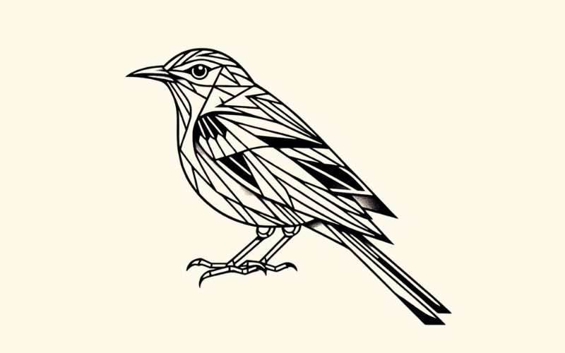 Um desenho geométrico de tatuagem de pássaro zombeteiro.