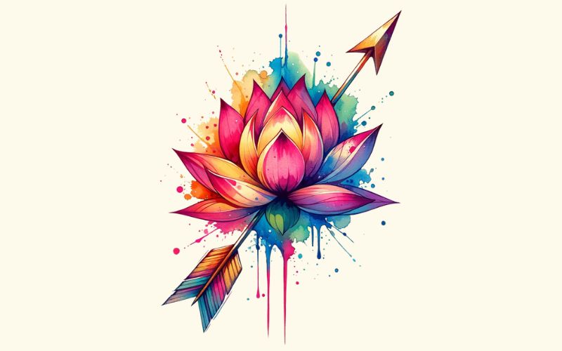 Un motif de tatouage de flèche de lotus de style aquarelle. 