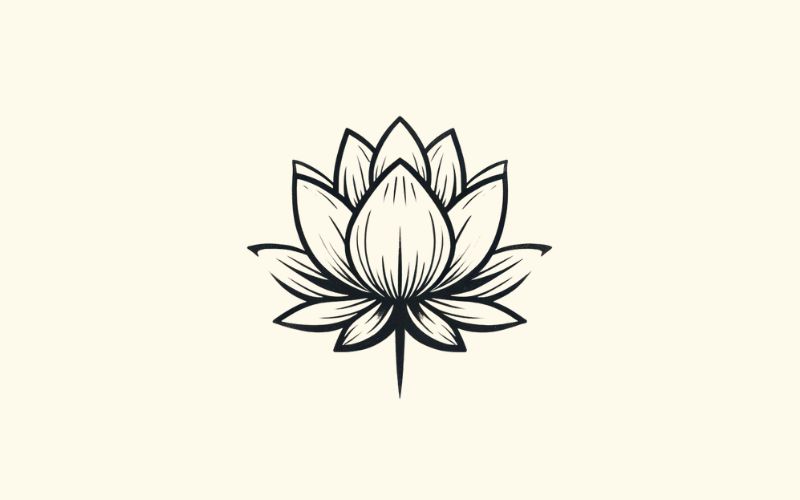 Un dessin de tatouage de doigt de lotus de style minimaliste au contour noir. 