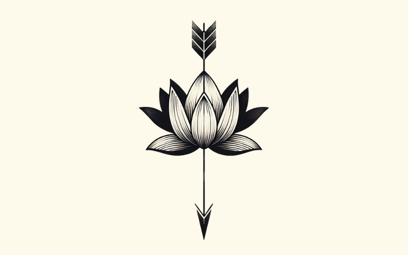 Un disegno di tatuaggio a forma di freccia di loto in stile minimalista.  
