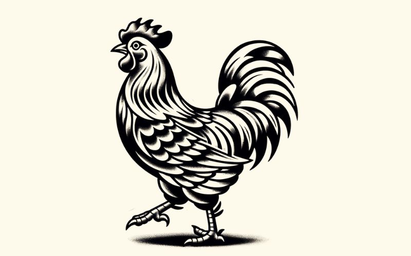 Um desenho de tatuagem de galinha no estilo da velha escola.  