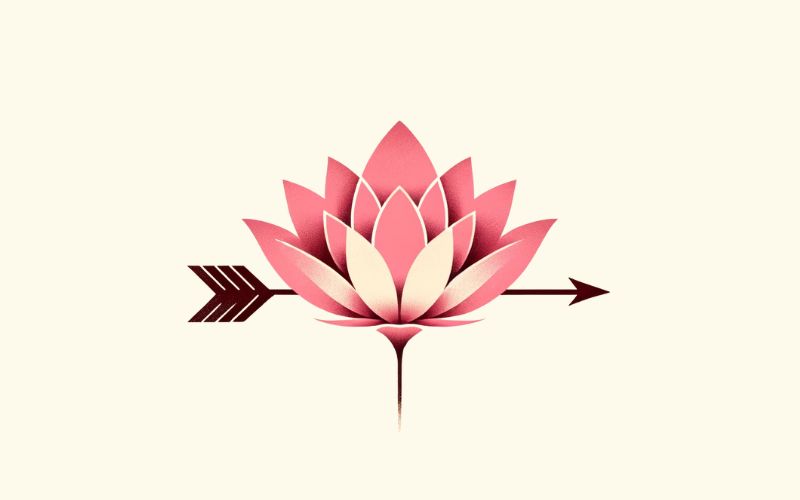 Un dessin minimaliste de tatouage de flèche de lotus rose.  