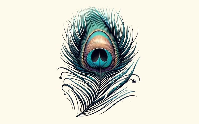 Un disegno di tatuaggio con piume di pavone in stile realistico.  