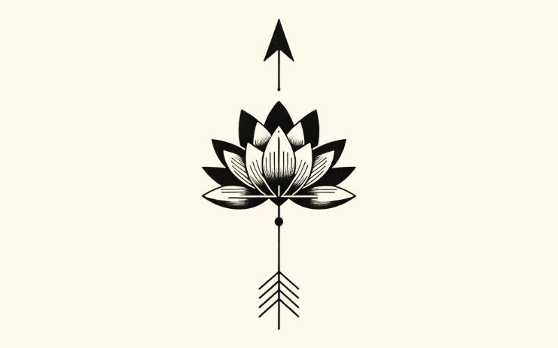 Un disegno di tatuaggio con freccia di loto nero in stile minimalista.  