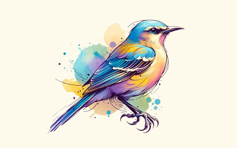 A watercolor style mockingbird tattoo design.