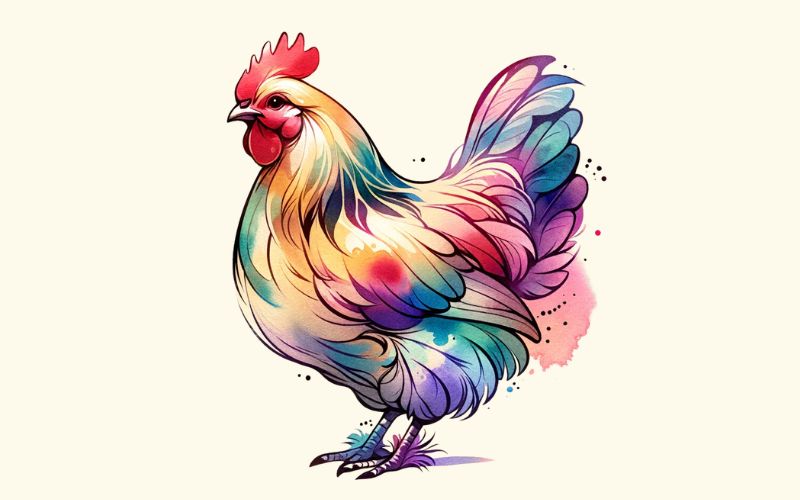 Um desenho de tatuagem de galinha em aquarela.  