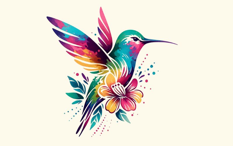 Ein Kolibri und Blumen-Tattoo im Aquarell-Stil.