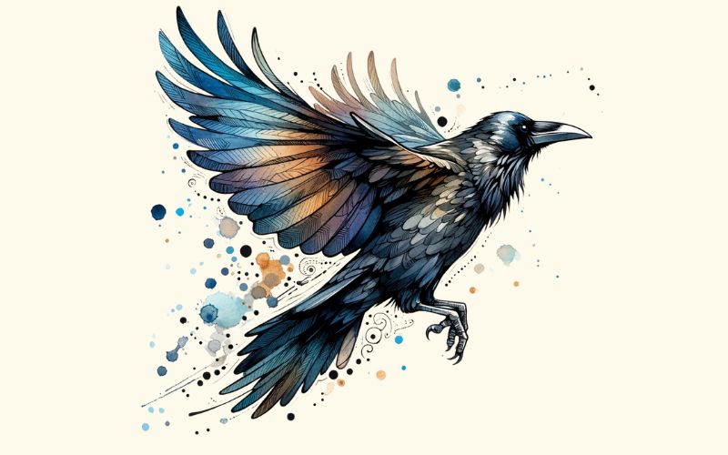 Un dessin de tatouage de corbeau de style aquarelle.