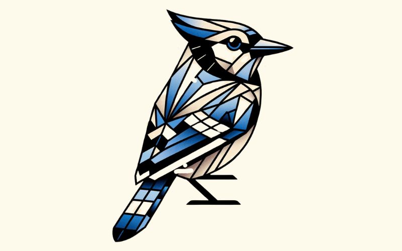 Um desenho de tatuagem de gaio azul em estilo geométrico.