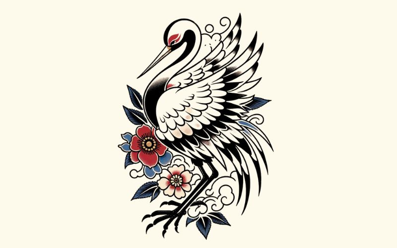 Ein Kranich-Tattoo im japanischen Stil.
