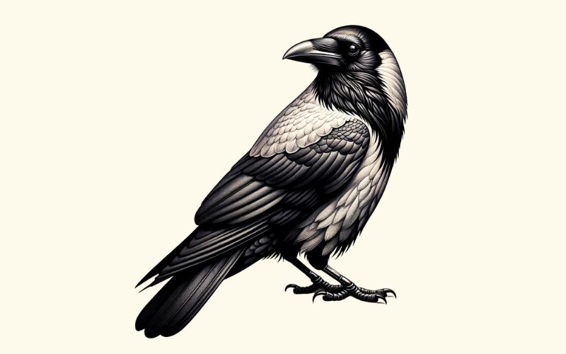 Un disegno del tatuaggio di una cornacchia in stile blackwork.