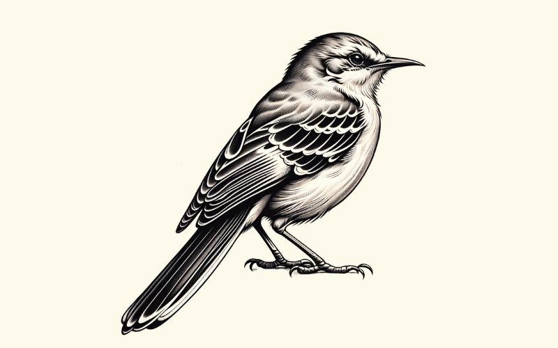Um desenho de tatuagem de pássaro zombeteiro no estilo realista.