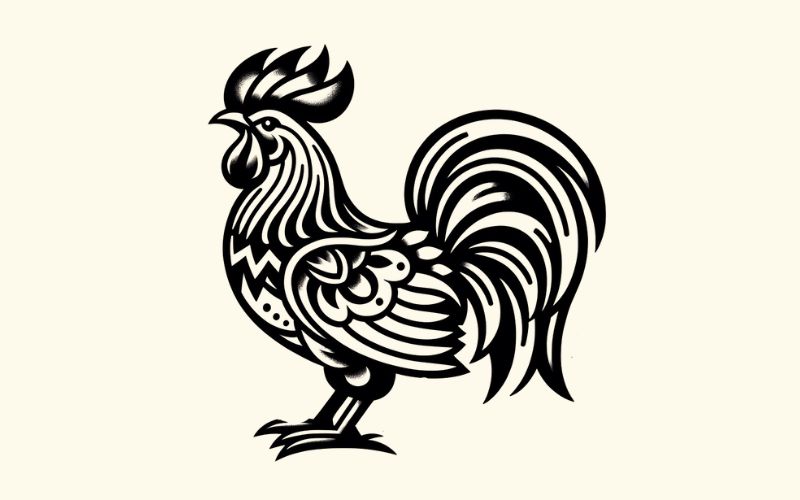 Un disegno del tatuaggio del gallo in stile tradizionale.