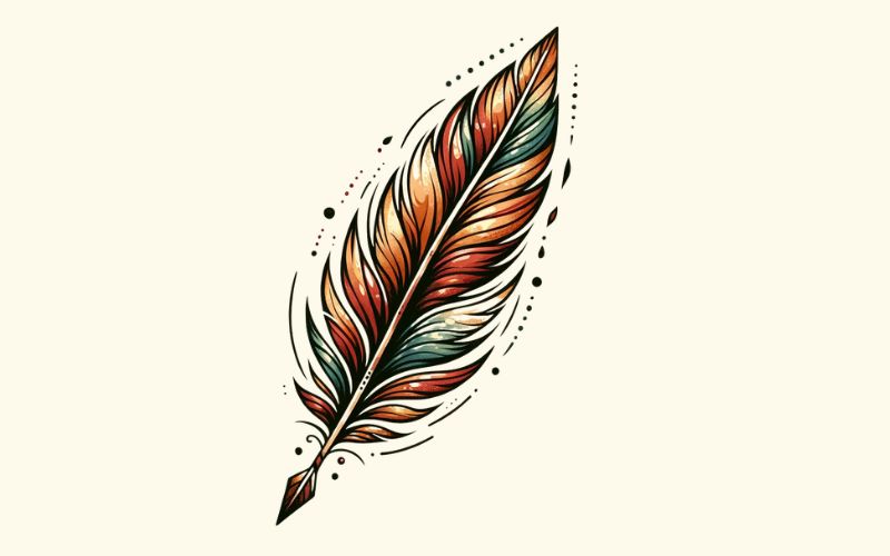 Un diseño de tatuaje de flecha y pluma en estilo acuarela.