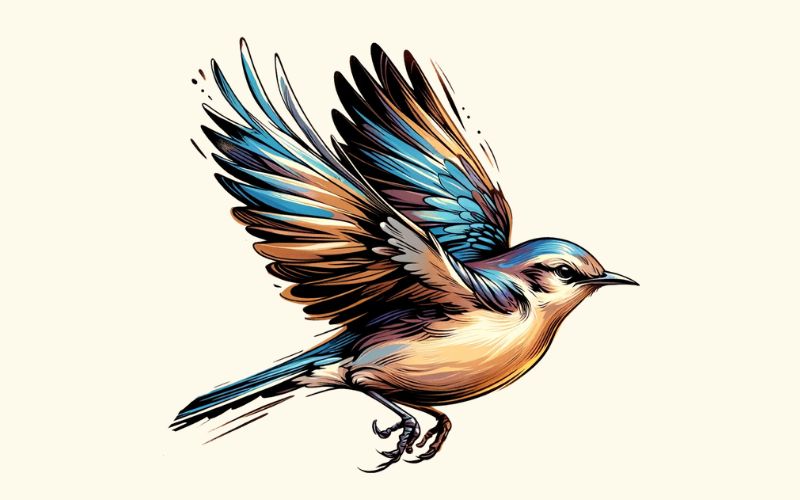 Um desenho de tatuagem de pássaro zombeteiro em estilo aquarela.