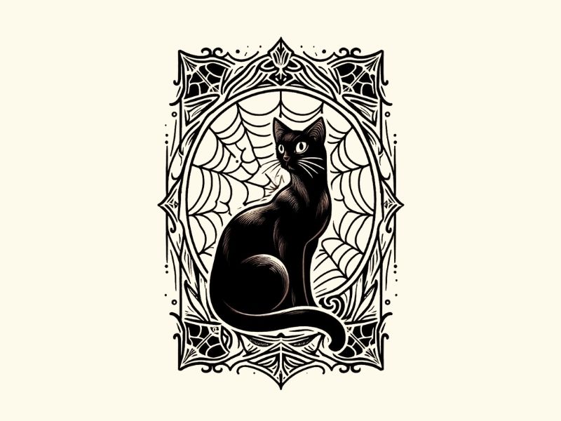 A black cat with spider web tattoo design.