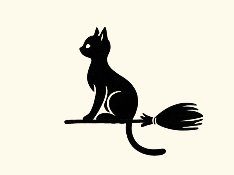 A black cat on a broomstick tattoo design.