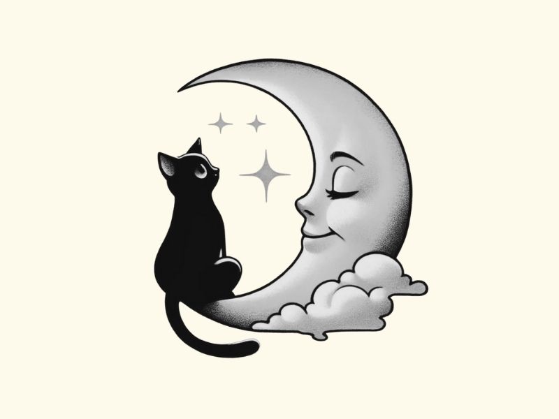 A simple cat and moon tattoo design.