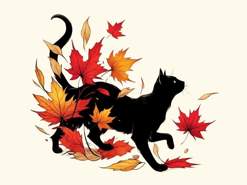 A black cat and fall leaves tattoo design.