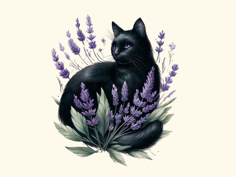 A black cat and lavender tattoo design.