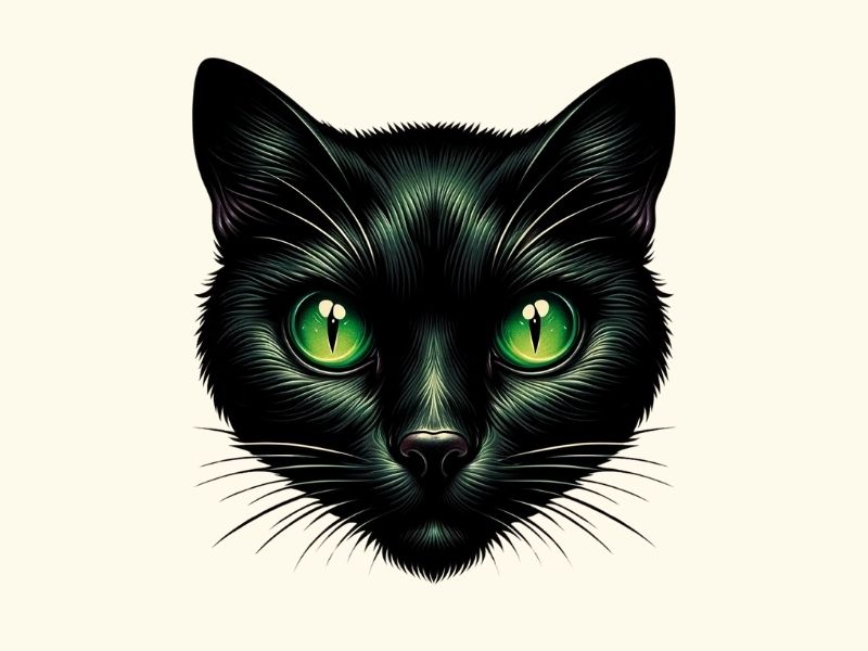 A black cat face with green eyes tattoo design.