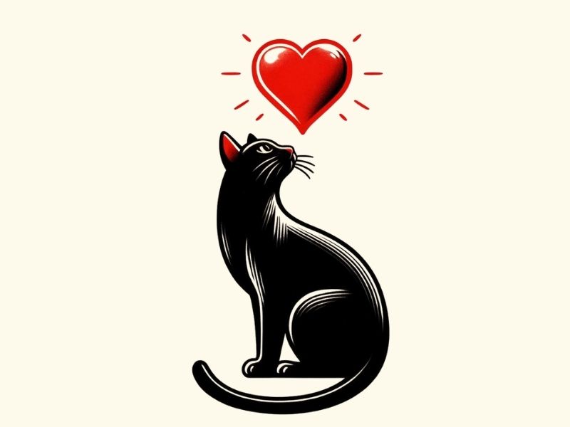 A black cat with a red heart tattoo design.