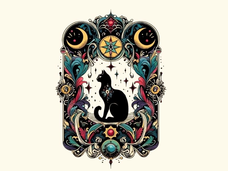 A tarot card style black cat tattoo design.