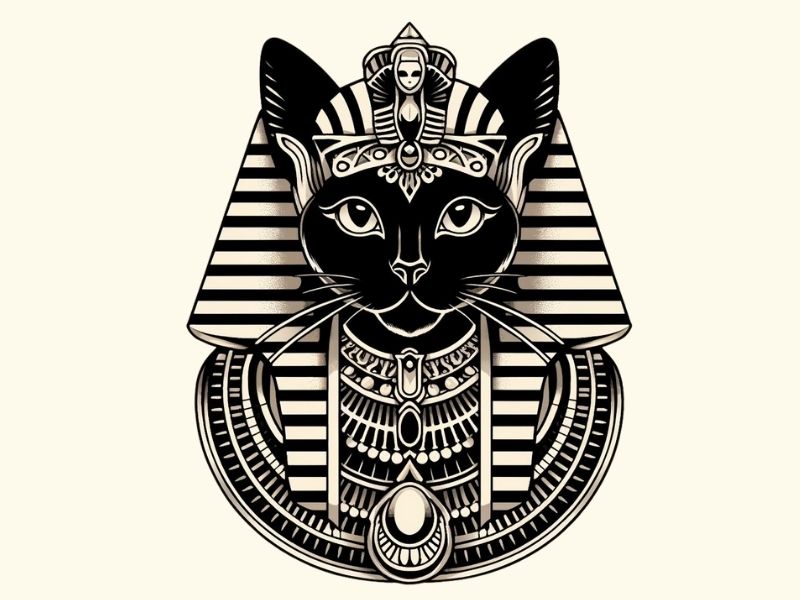 An Egyptian black cat goddess art deco style tattoo design.