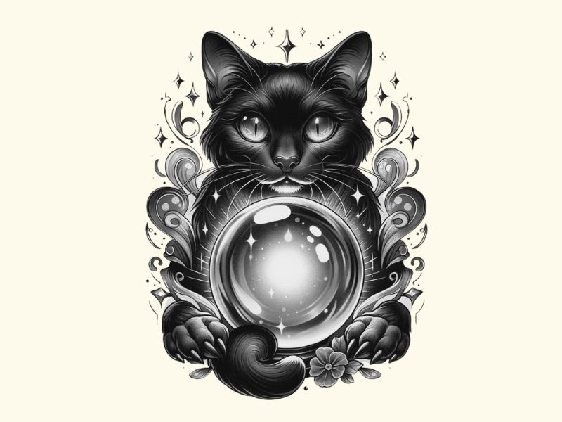 A black cat with a crystal ball tattoo design.