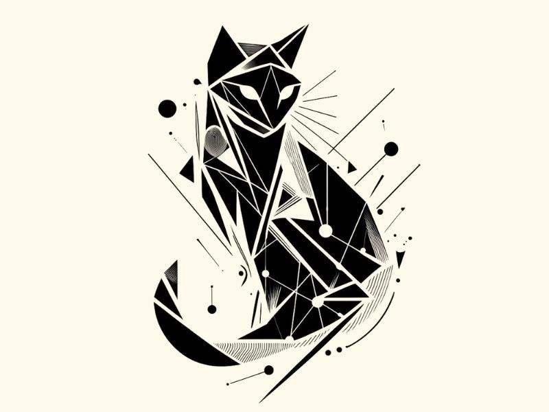 An abstract geometric style black cat tattoo design.