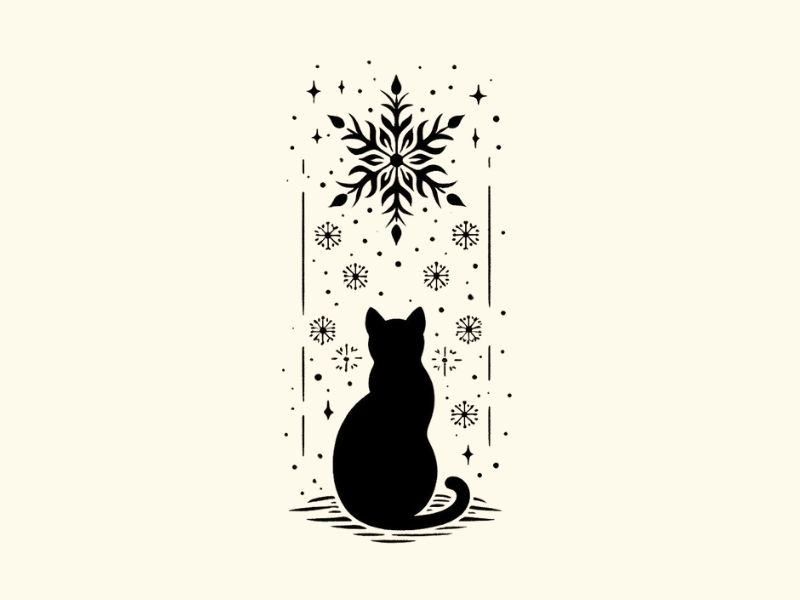 A winter inspired black cat tattoo design.