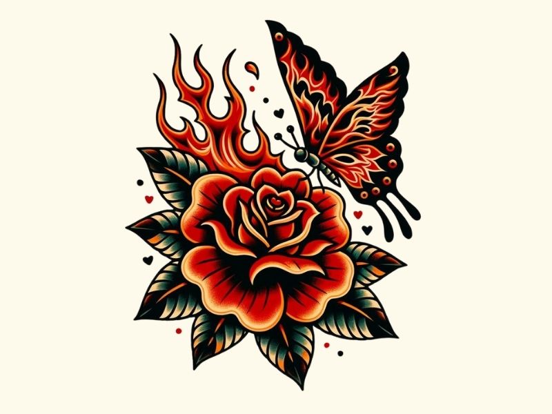 An American traditional butterfly and fire rose tattoo design.