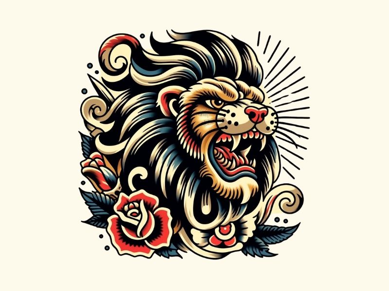 An American traditional lion tattoo design.
