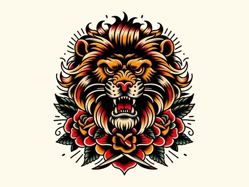 An American traditional lion tattoo design.